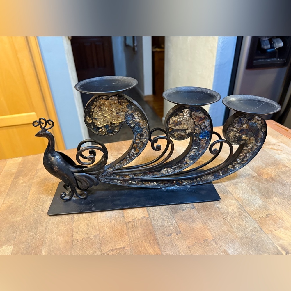 Vintage Pier 1 Elegant Black and Gold mosaic Glass tiles Peacock Candle Holder